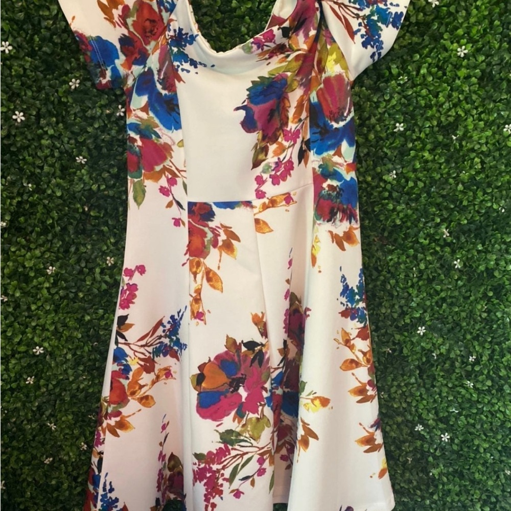 White dress with florals size 10 off the shoulder